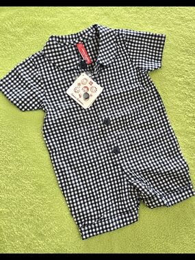 NWT  60cm - 2-6M Baby GIRLS ROMPER Navy & White Gingham Short Sleeve 1-piece(Q3)